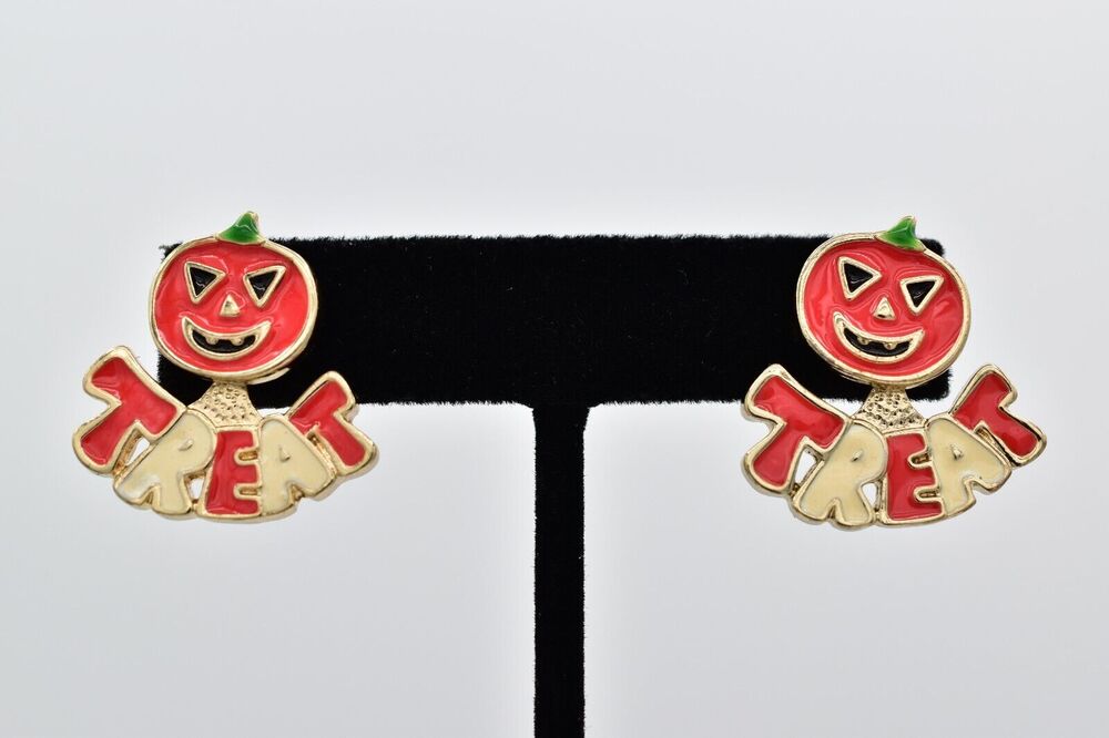 Vintage Jack O Lantern Earrings Front Back Pumpkin Treat Halloween Y2K BinA18